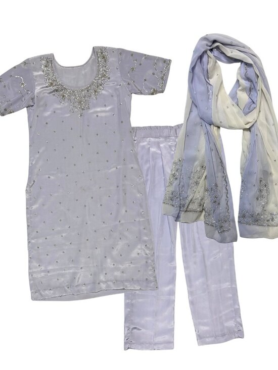 None Dresses & Skirts - Lavender Light Purple and Silver Beaded Embroidered Shalwar Kameez Set Size Smal